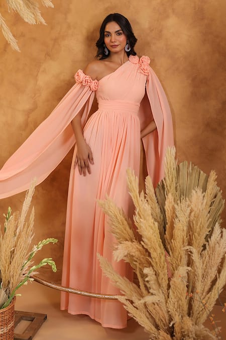 B'Infinite_Peach Blossom Cape Gown _at_Aza_Fashions