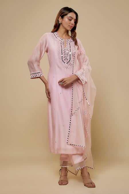 Asaga Blush Chanderi, Muslin, Organza Mirrors Split Orryn Embroidered Bodice Kurta Set 