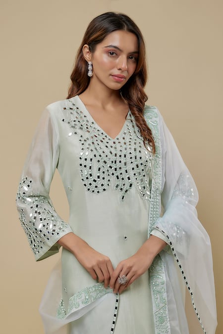 Buy Asaga Mint Chanderi, Muslin, Organza Mirrors V-neck Eira Work Kurta Set Online at Aza Fashions Buy_Asaga_Mint Chanderi, Muslin, Organza Mirrors V-neck Eira Work Kurta Set _Online_at_Aza_Fashions