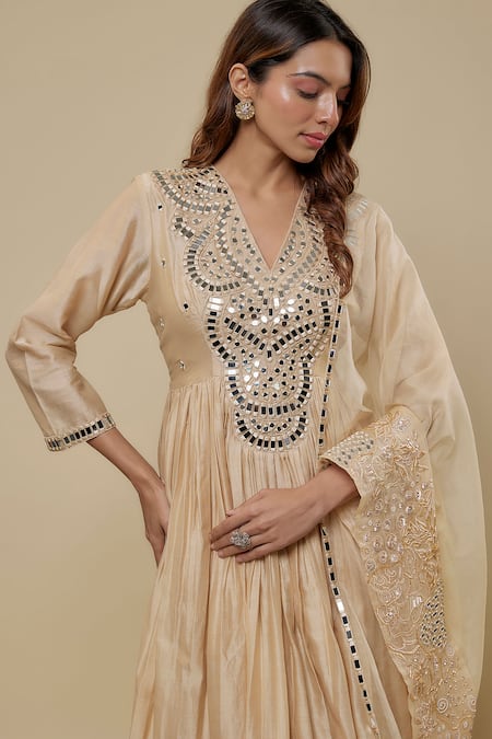 Asaga Beige Chanderi, Muslin, Organza Mirrors Zayrah Embroidered Anarkali Pant Set Online at Aza Fashions Asaga_Beige Chanderi, Muslin, Organza Mirrors Zayrah Embroidered Anarkali Pant Set _Online_at_Aza_Fashions