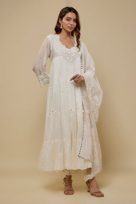 Asaga Ivory Chanderi, Muslin, Organza Embroidery Round Abstract Floral Anarkali Set 