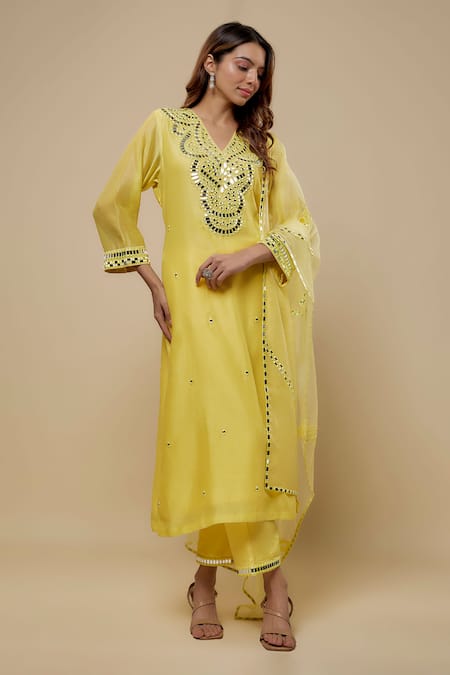 Asaga Yellow Chanderi, Muslin, Organza Mirrors V-neck Theory Work Kurta Set 