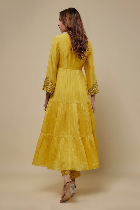 Shop Asaga Yellow Chanderi, Muslin, Organza Embroidery V-neck Tashira Anarkali Set at Aza Fashions Shop_Asaga_Yellow Chanderi, Muslin, Organza Embroidery V-neck Tashira Anarkali Set _at_Aza_Fashions