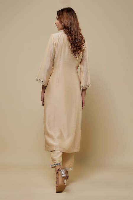 Shop Asaga Beige Chanderi, Muslin, Organza Mirrors, Embroidery Zenvira Kurta Pant Set at Aza Fashions Shop_Asaga_Beige Chanderi, Muslin, Organza Mirrors, Embroidery Zenvira Kurta Pant Set _at_Aza_Fashions