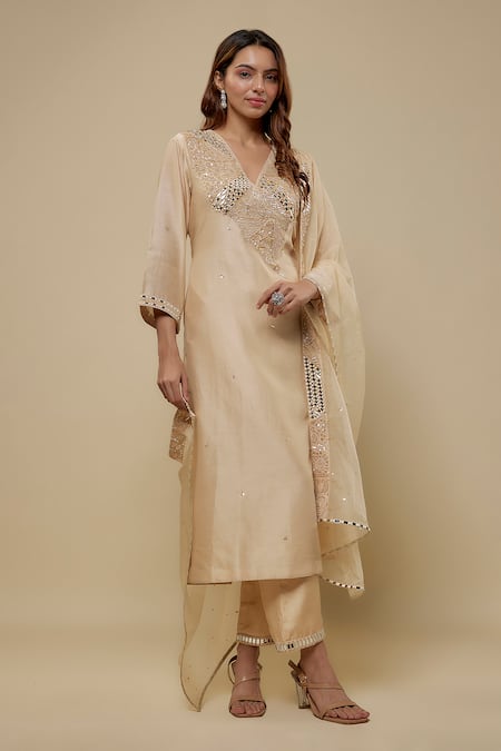 Asaga Beige Chanderi, Muslin, Organza Mirrors, Embroidery Zenvira Kurta Pant Set 