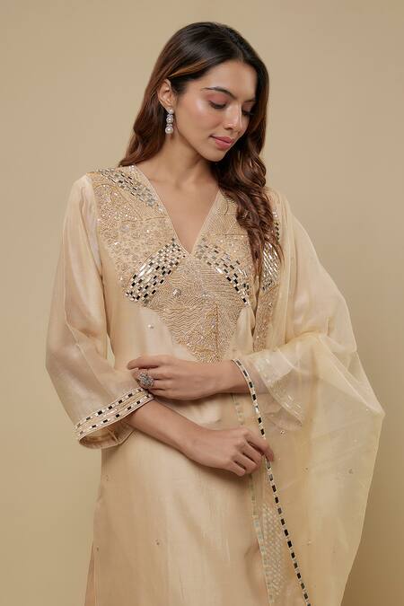 Buy Asaga Beige Chanderi, Muslin, Organza Mirrors, Embroidery Zenvira Kurta Pant Set Online at Aza Fashions Buy_Asaga_Beige Chanderi, Muslin, Organza Mirrors, Embroidery Zenvira Kurta Pant Set _Online_at_Aza_Fashions