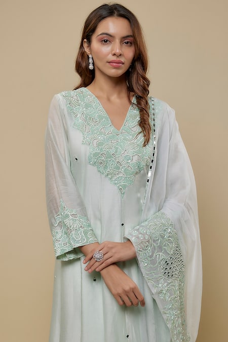 Asaga Mint Chanderi, Muslin, Organza Embroidery, Mirrors V-neck Anarkali Pant Set Online at Aza Fashions Asaga_Mint Chanderi, Muslin, Organza Embroidery, Mirrors V-neck Anarkali Pant Set _Online_at_Aza_Fashions