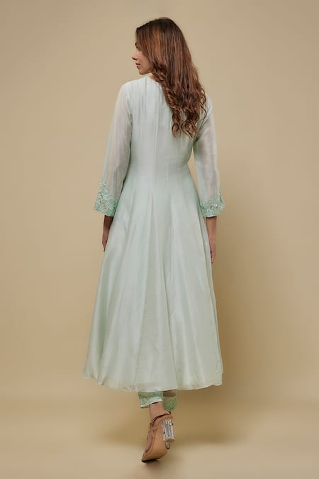 Shop Asaga Mint Chanderi, Muslin, Organza Embroidery, Mirrors V-neck Anarkali Pant Set at Aza Fashions Shop_Asaga_Mint Chanderi, Muslin, Organza Embroidery, Mirrors V-neck Anarkali Pant Set _at_Aza_Fashions