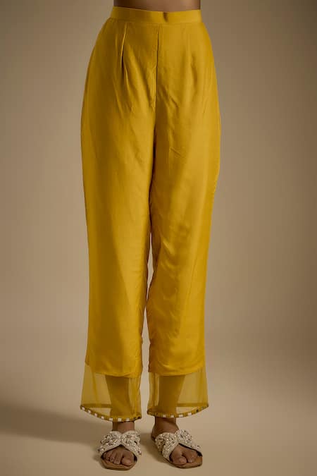 Asaga Yellow Chanderi, Muslin, Organza Embroidery V-neck Vistora Kurta Pant Set Online at Aza Fashions Asaga_Yellow Chanderi, Muslin, Organza Embroidery V-neck Vistora Kurta Pant Set _Online_at_Aza_Fashions