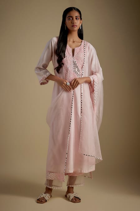 Asaga Pink Chanderi, Muslin, Organza Embroidery Round Neck Trendyra Bodice Kurta Set 
