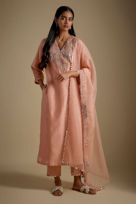 Asaga Rose Gold Chanderi, Muslin, Organza V-neck Stylique Kurta Pant Set 