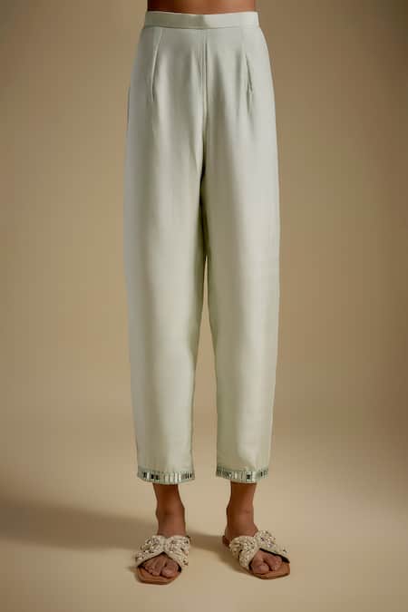 Asaga_Mint Chanderi, Muslin, Organza Mirrors Split V-neck Lustora Work Kurta Set _Online_at_Aza_Fashions