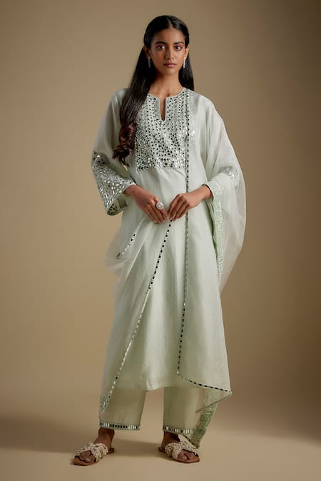 Asaga Mint Chanderi, Muslin, Organza Mirrors Split V-neck Lustora Work Kurta Set 