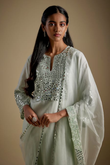 Buy_Asaga_Mint Chanderi, Muslin, Organza Mirrors Split V-neck Lustora Work Kurta Set _Online_at_Aza_Fashions