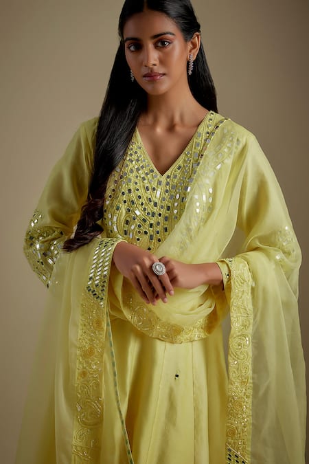 Buy Asaga Yellow Chanderi, Muslin, Organza Mirrors V-neck Threadio Work Set Online at Aza Fashions Buy_Asaga_Yellow Chanderi, Muslin, Organza Mirrors V-neck Threadio Work Set _Online_at_Aza_Fashions