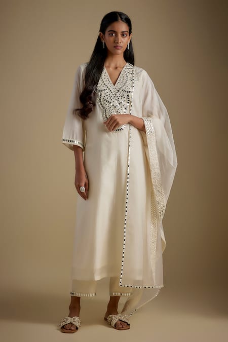 Asaga Ivory Chanderi, Muslin, Organza Mirrors V-neck Outflair Work Kurta Set 