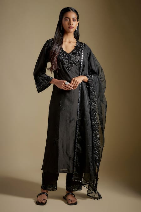 Asaga Black Chanderi, Muslin, Organza Embroidery Scoop Neck Velvoura Bodice Kurta Set 