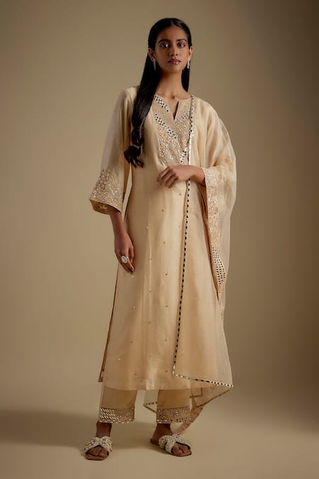 Asaga Beige Chanderi, Muslin, Organza Sequins, Glamora Emiroidered Bodice Kurta Set 