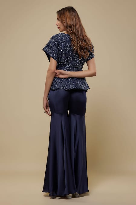 Shop Asaga Navy Satin, Organza, Tulle Embroidery, Beads V-neck Punzel Top And Sharara Set at Aza Fashions Shop_Asaga_Navy Satin, Organza, Tulle Embroidery, Beads V-neck Punzel Top And Sharara Set _at_Aza_Fashions