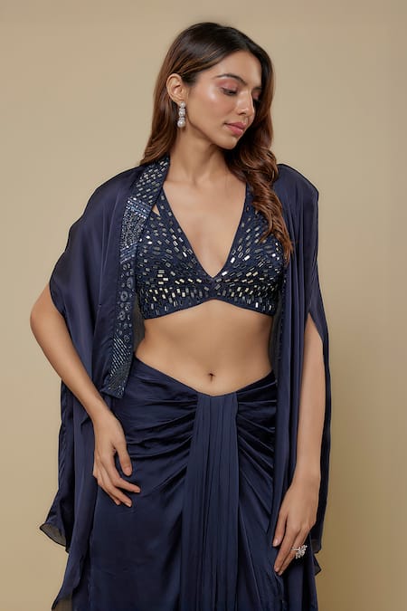 Buy Asaga Navy Satin, Organza, Tulle Mirrors V-neck, Open Maven Draped Skirt And Cape Set Online at Aza Fashions Buy_Asaga_Navy Satin, Organza, Tulle Mirrors V-neck, Open Maven Draped Skirt And Cape Set _Online_at_Aza_Fashions
