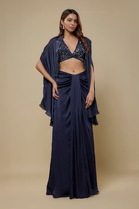 Asaga Navy Satin, Organza, Tulle Mirrors V-neck, Open Maven Draped Skirt And Cape Set 