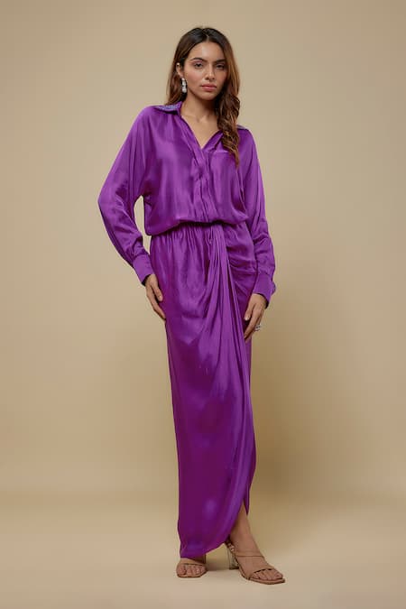 Asaga Purple Satin Embroidery Collared Sireli Draped Dress