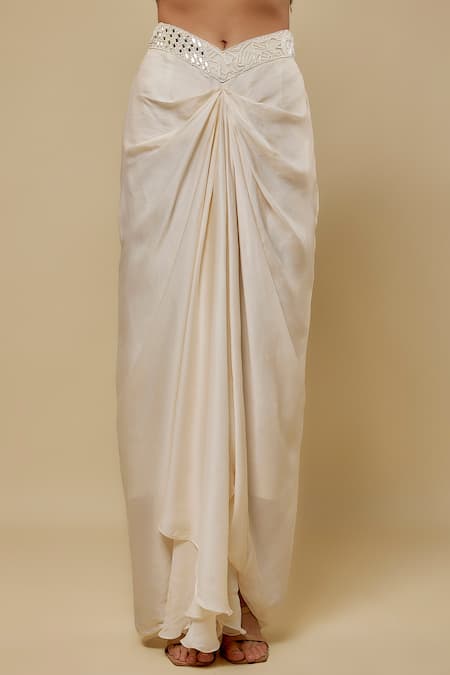 Asaga Ivory Satin, Organza, Tulle Embroidery Sweetheart Finch Draped Skirt And Cape Set Online at Aza Fashions Asaga_Ivory Satin, Organza, Tulle Embroidery Sweetheart Finch Draped Skirt And Cape Set _Online_at_Aza_Fashions