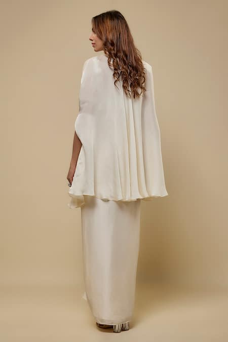 Shop Asaga Ivory Satin, Organza, Tulle Embroidery Sweetheart Finch Draped Skirt And Cape Set at Aza Fashions Shop_Asaga_Ivory Satin, Organza, Tulle Embroidery Sweetheart Finch Draped Skirt And Cape Set _at_Aza_Fashions