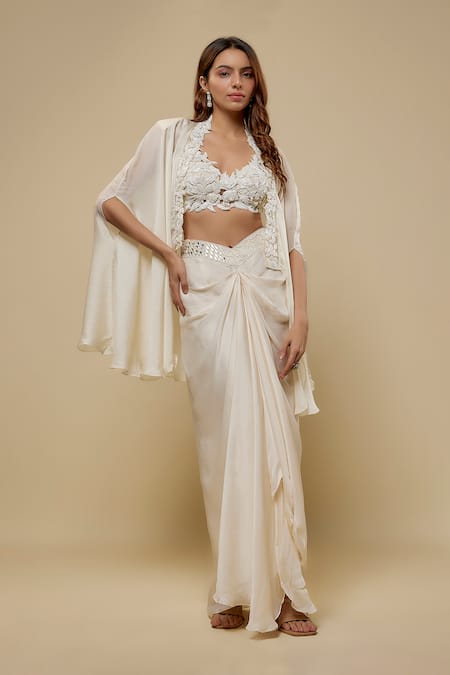 Asaga Ivory Satin, Organza, Tulle Embroidery Sweetheart Finch Draped Skirt And Cape Set 