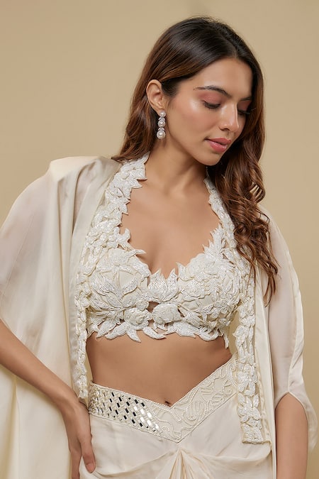 Buy Asaga Ivory Satin, Organza, Tulle Embroidery Sweetheart Finch Draped Skirt And Cape Set Online at Aza Fashions Buy_Asaga_Ivory Satin, Organza, Tulle Embroidery Sweetheart Finch Draped Skirt And Cape Set _Online_at_Aza_Fashions
