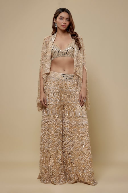 Asaga Beige Tulle Embroidery, Mirrors Sweetheart , Open Couture Sharara Set