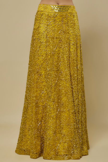 Asaga_Yellow Tulle, Satin, Organza Embroidery, Sequins, Citrine Jacket And Skirt Set _Online_at_Aza_Fashions