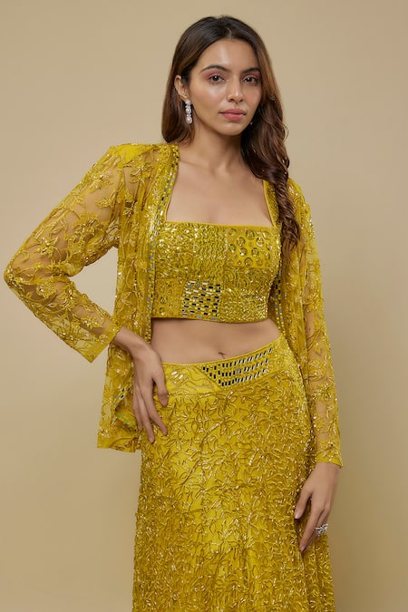 Buy_Asaga_Yellow Tulle, Satin, Organza Embroidery, Sequins, Citrine Jacket And Skirt Set _Online_at_Aza_Fashions