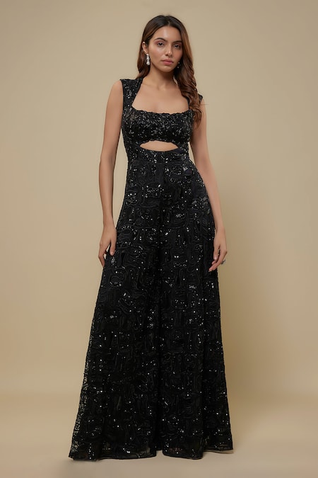 Asaga Black Tulle, Satin, Organza, Chinon Beads Square Neck Vivid Embroidered Jumpsuit 