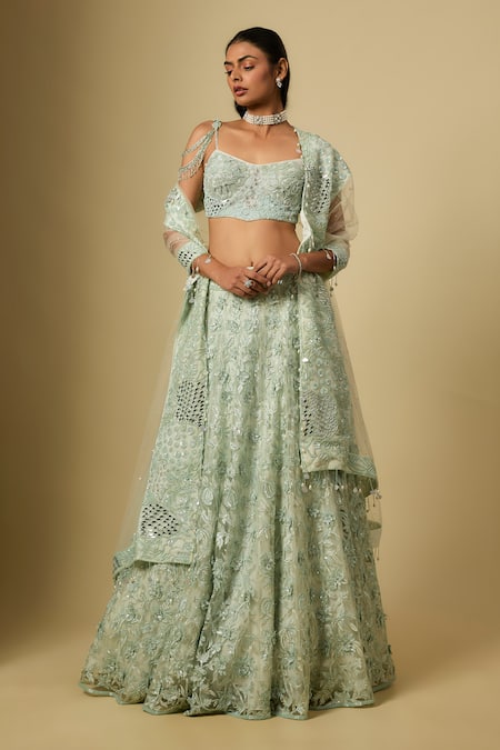 Asaga Mint Satin, Tulle, Organza Sequins, Embroidery Sweetheart Zinger Lehenga Set