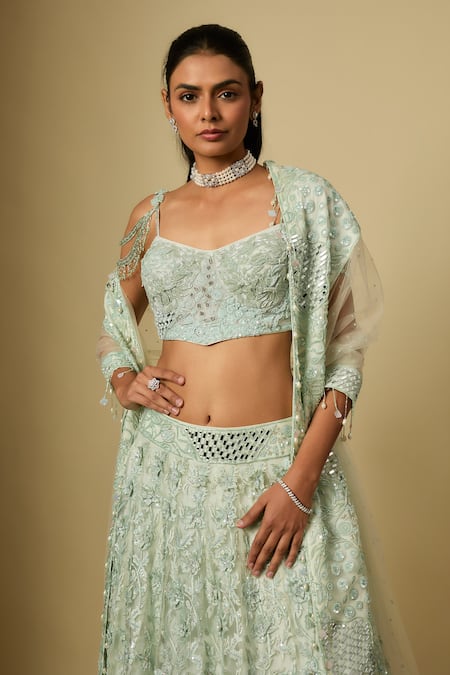 Buy_Asaga_Mint Satin, Tulle, Organza Sequins, Embroidery Sweetheart Zinger Lehenga Set _Online_at_Aza_Fashions