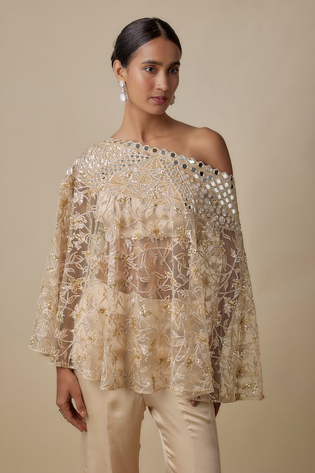 Buy_Asaga_Beige Satin Embroidery Asymmetric Auraknot Cape Sharara Set _Online_at_Aza_Fashions