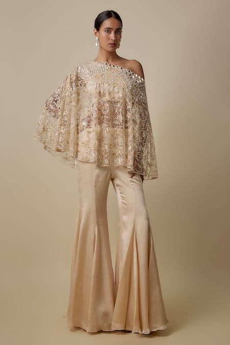 Asaga Beige Satin Embroidery Asymmetric Auraknot Cape Sharara Set 