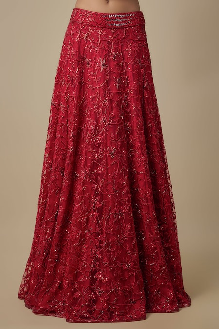 Asaga_Red Satin, Organza, Chinon, Tulle Beads, Embroidery Mooka Lehenga With Blouse _Online_at_Aza_Fashions