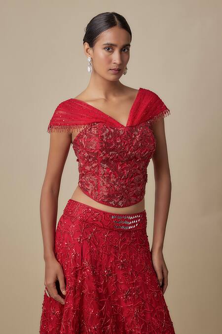 Buy_Asaga_Red Satin, Organza, Chinon, Tulle Beads, Embroidery Mooka Lehenga With Blouse _Online_at_Aza_Fashions
