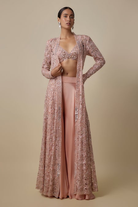 Asaga Rose Gold Satin, Chinon, Organza, Tulle Sequins, Shattuck Jacket And Sharara Set