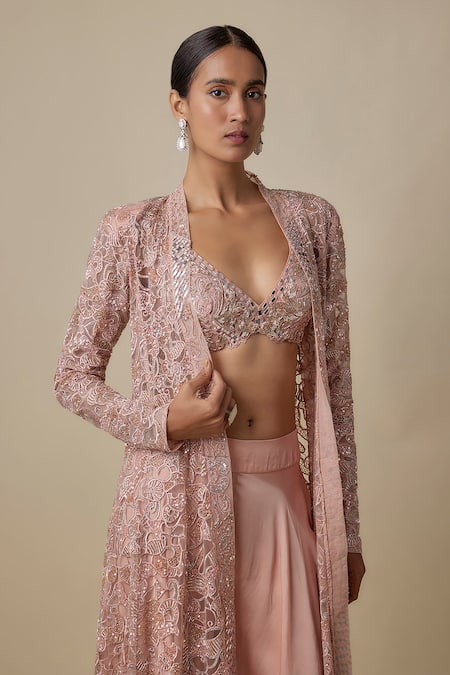 Buy_Asaga_Rose Gold Satin, Chinon, Organza, Tulle Sequins, Shattuck Jacket And Sharara Set _Online_at_Aza_Fashions