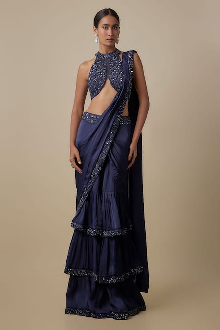 Asaga Navy Satin, Chinon, Tulle, Organza Sequins, Nzeppel Draped Saree With Blouse 
