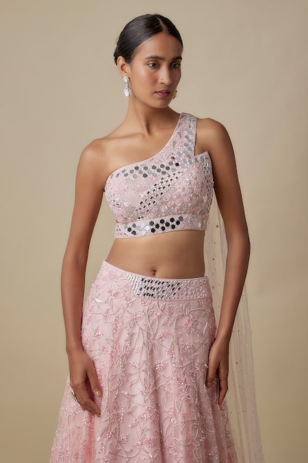 Asaga_Pink Satin, Organza, Chinon, Tulle Sequins, Mirrors Cubine Lehenga With Blouse _Online_at_Aza_Fashions