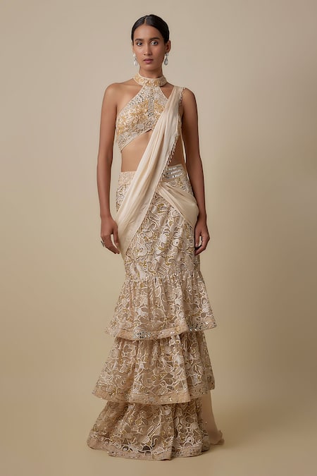 Asaga Beige Satin, Chinon, Organza Embroidery, Beeline Draped Saree With Blouse 