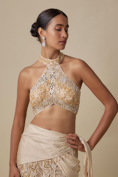 Asaga_Beige Satin, Chinon, Organza Embroidery, Beeline Draped Saree With Blouse _Online_at_Aza_Fashions