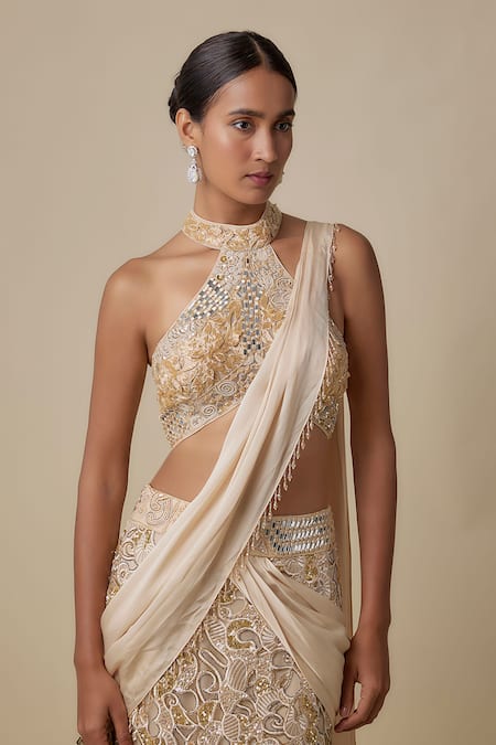 Buy_Asaga_Beige Satin, Chinon, Organza Embroidery, Beeline Draped Saree With Blouse _Online_at_Aza_Fashions
