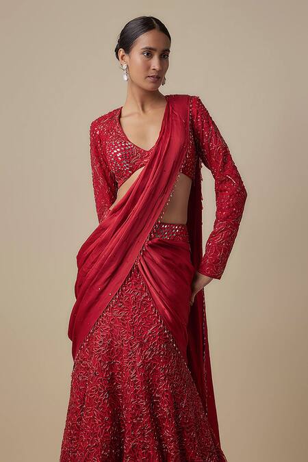Asaga_Red Satin, Organza Sequins, Mirrors Round Neck Vano Draped Saree With Blouse _Online_at_Aza_Fashions