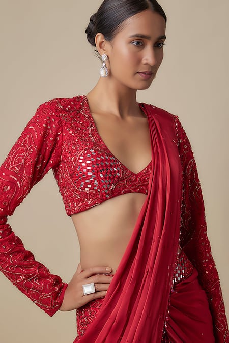 Buy_Asaga_Red Satin, Organza Sequins, Mirrors Round Neck Vano Draped Saree With Blouse _Online_at_Aza_Fashions