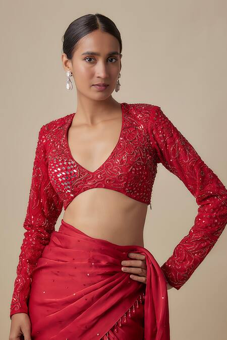 Shop_Asaga_Red Satin, Organza Sequins, Mirrors Round Neck Vano Draped Saree With Blouse _Online_at_Aza_Fashions